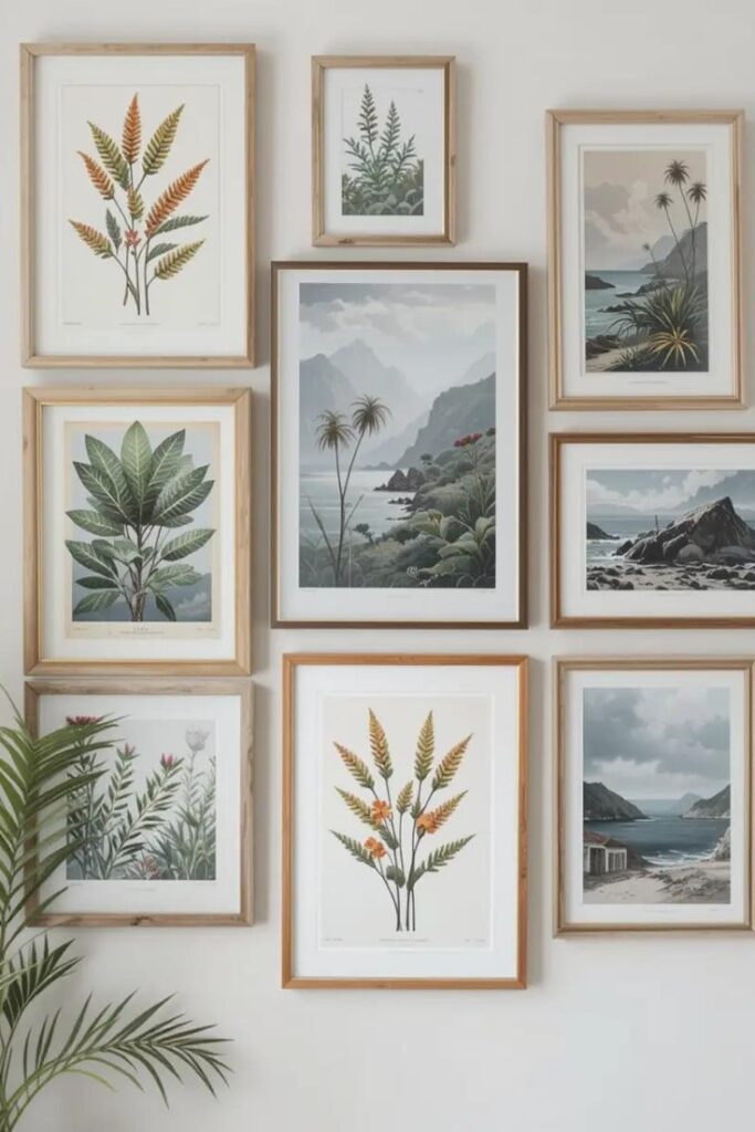 Small apartment with seasonal wall art, featuring botanical prints and coastal photography to refresh the space for summer.