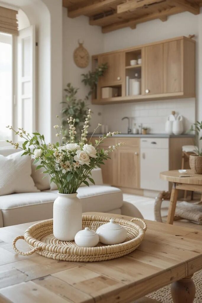 Small apartment with summer home decor with natural materials such as rattan, seagrass, and light wood accents, adding texture and warmth to the decor.