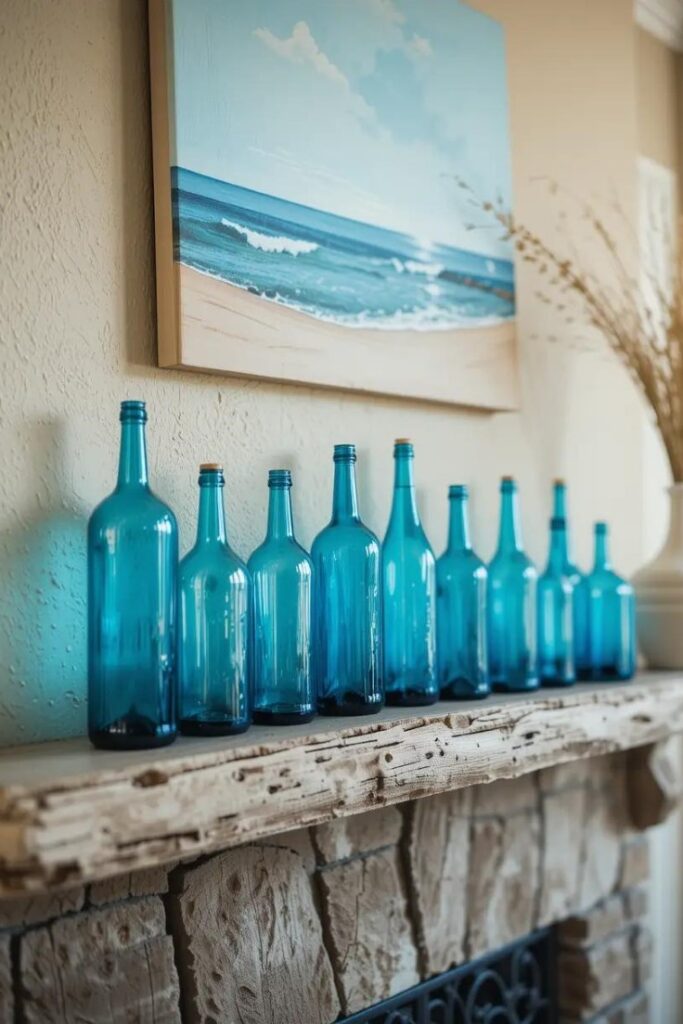 Coastal summer mantle with blue glass bottles, on a driftwood shelf.