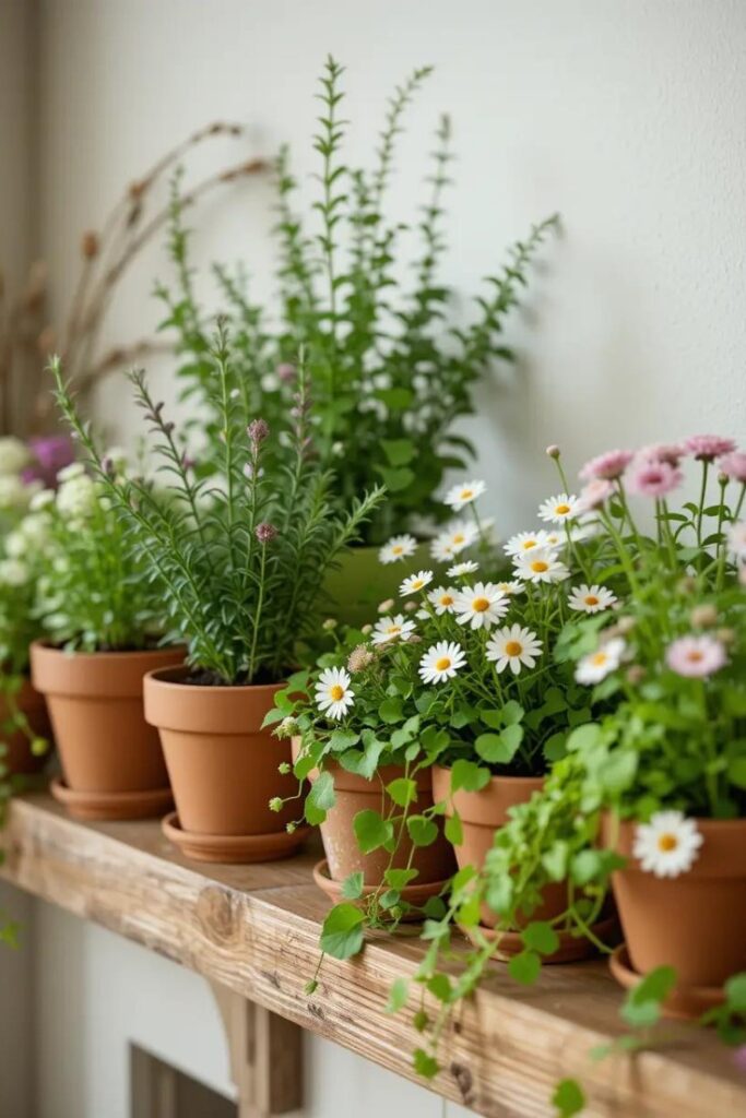 Summer mantle decorated with potted herbs and flowering plants for a garden-inspired look.