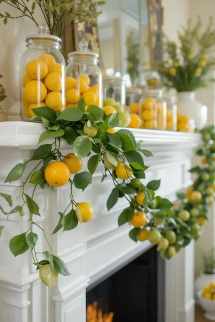 Summer mantle decorated with citrus garland and bowls of lemons, limes, and oranges.