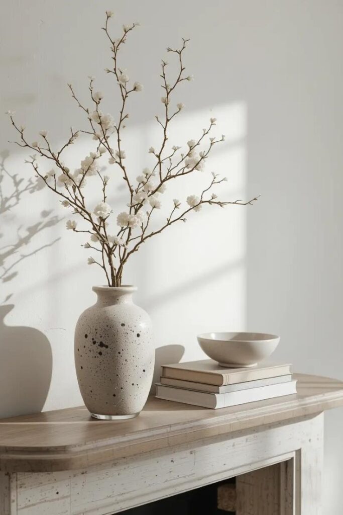 Modern asymmetrical summer mantle with tall branches and ceramic decor.
