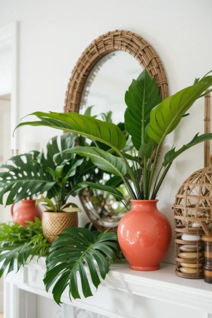 Tropical summer mantle with monstera leaves, potted palm, and rattan accents.