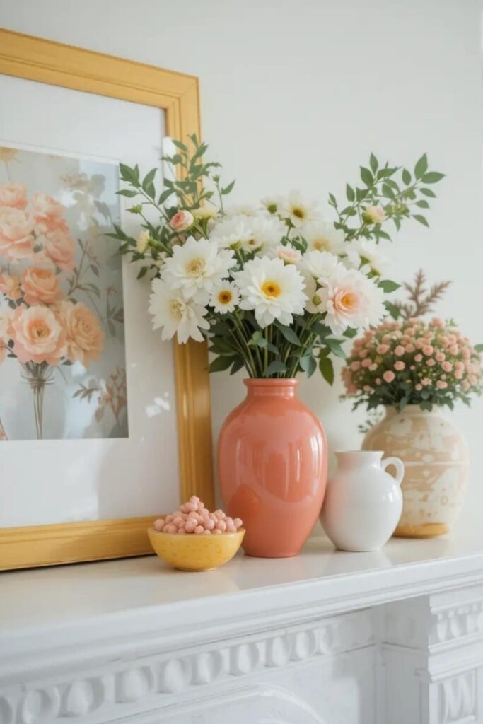 Curated summer mantle decor in coral and yellow for a cohesive seasonal look.