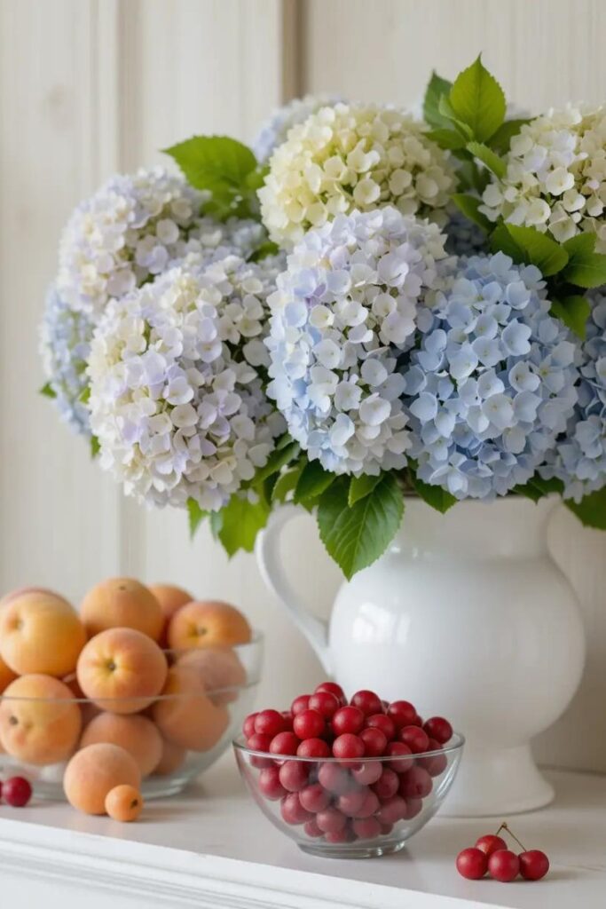 Summer mantle with hydrangeas and bowls of seasonal fruit like peaches and cherries.