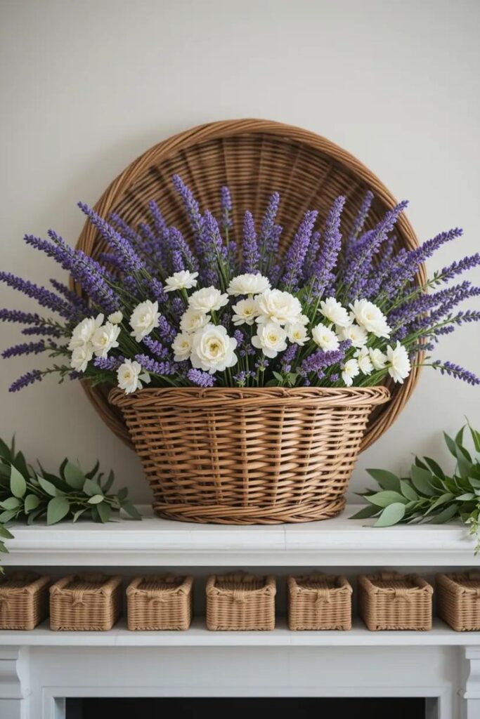 Basket-themed summer mantle with lavender and white floral arrangement.