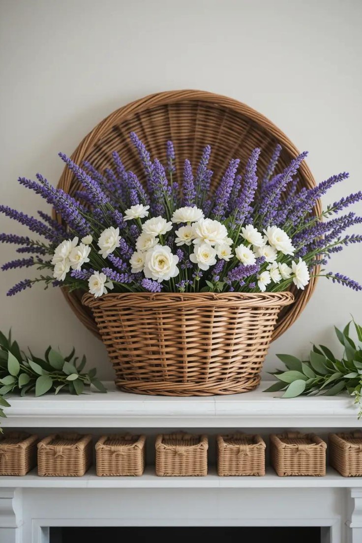 Basket-themed summer mantle with lavender and white floral arrangement.