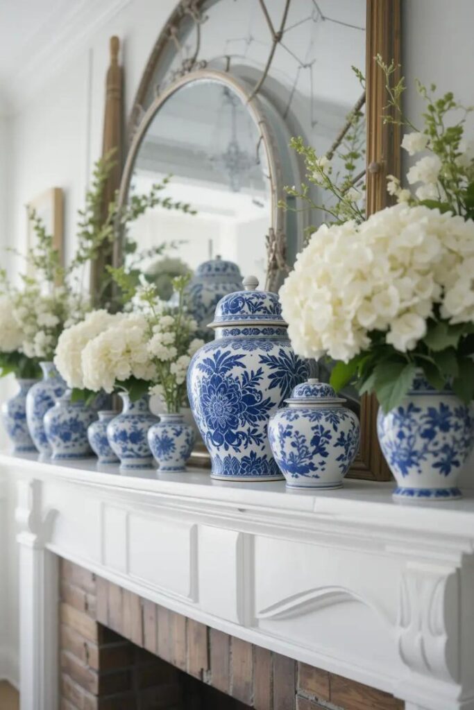 Classic blue and white summer mantle with porcelain jars and soft florals.