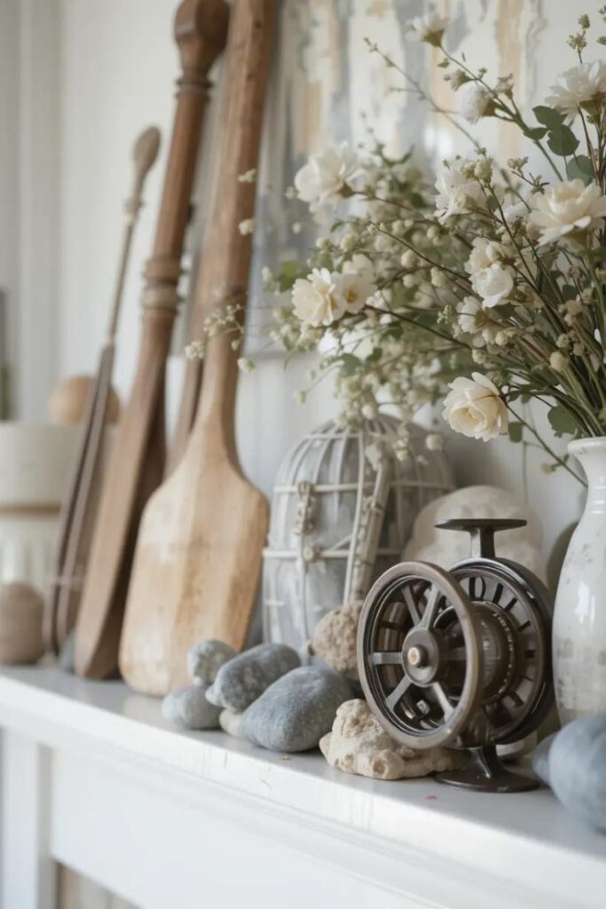 Lakeside summer mantle with weathered oars, stones, and vintage fishing decor.