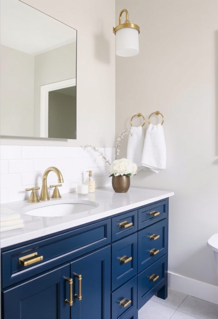 Navy blue painted bathroom vanity with brass hardware and white countertop for a budget-friendly DIY bathroom refresh.