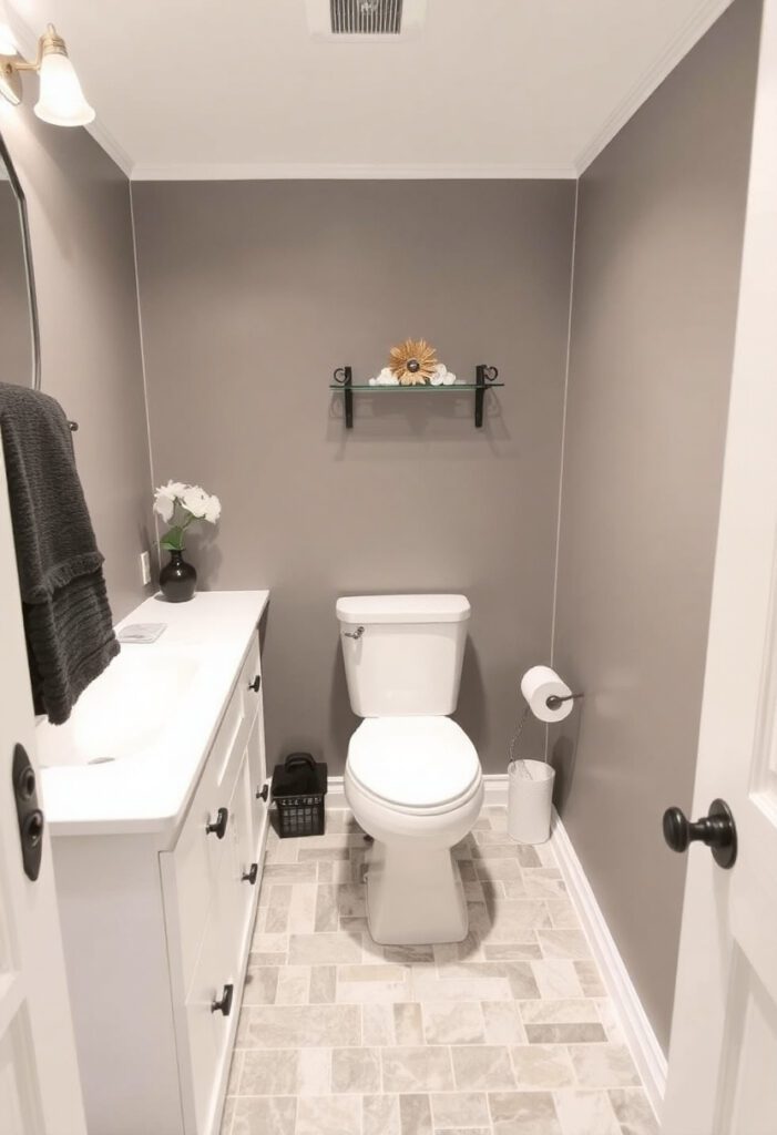 DIY bathroom remodel with peel-and-stick vinyl floor tiles in a stone design for an affordable flooring update.