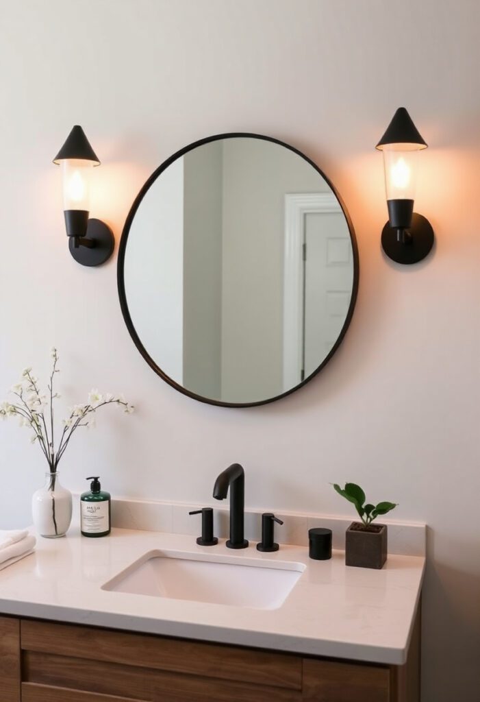 DIY bathroom lighting upgrade with matte black sconces for a modern and affordable remodel.