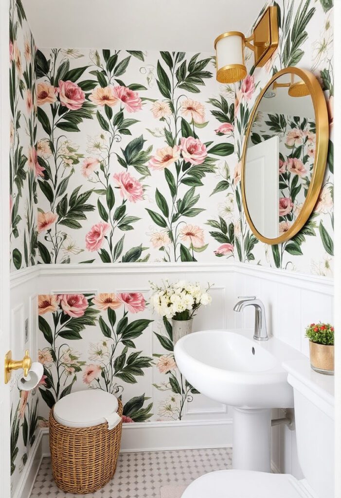 Removable wallpaper accent wall in a DIY bathroom makeover without contractors.