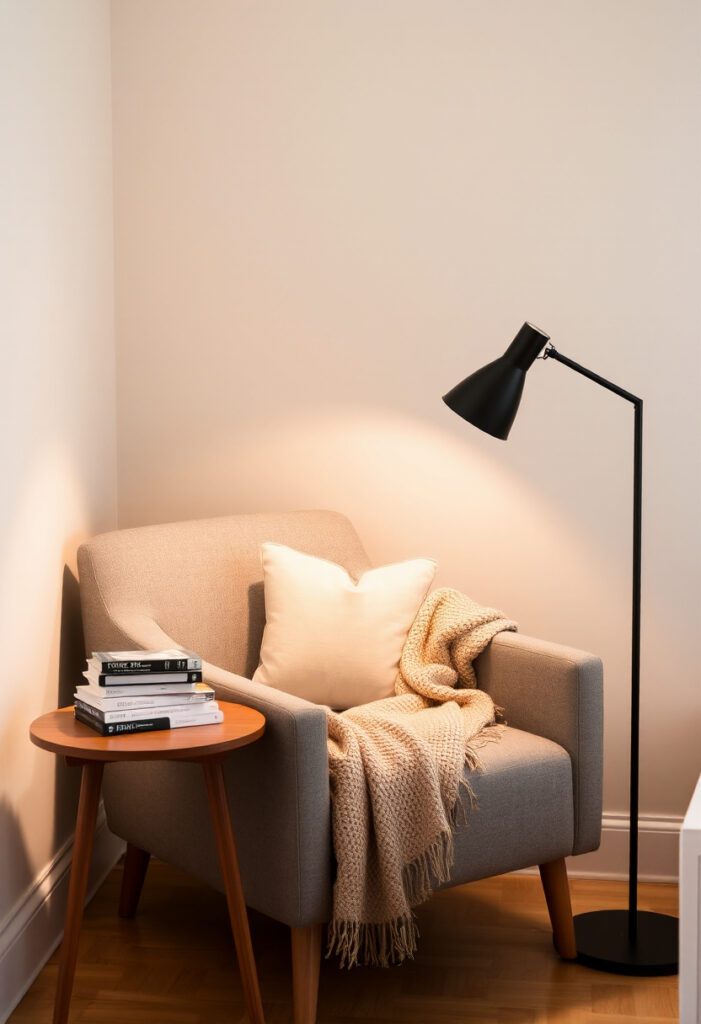cozy bedroom nook with a modern, soft gray upholstered armchair