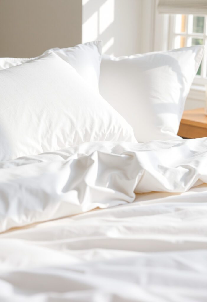 Close-up of a neatly made bed with high-quality white cotton sheets, a thick, soft comforter, and layered pillows in white and soft gray tones.