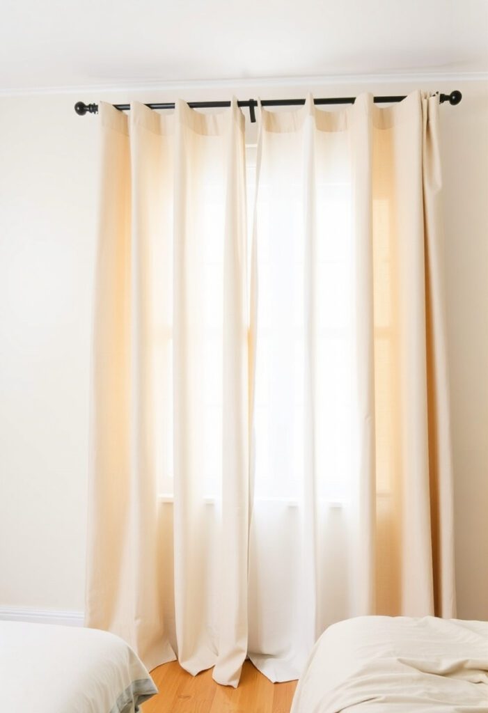 A bedroom window dressed with layered curtains