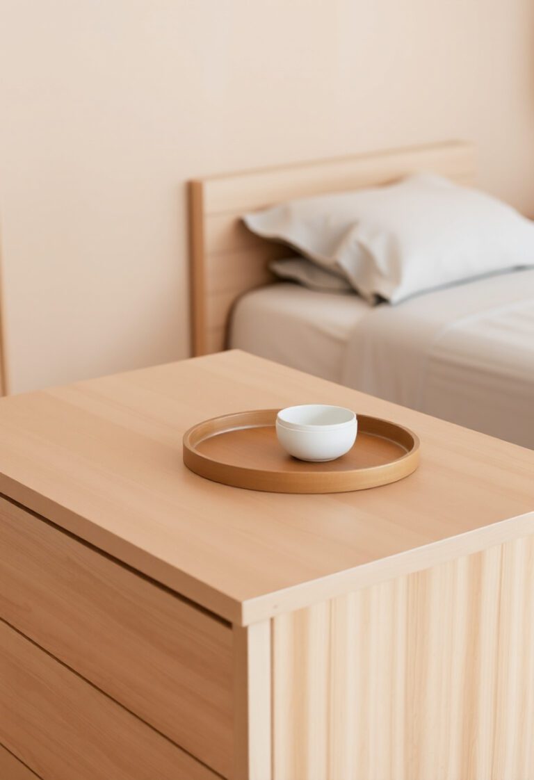 A dresser top with a smooth wooden surface, featuring only a small tray