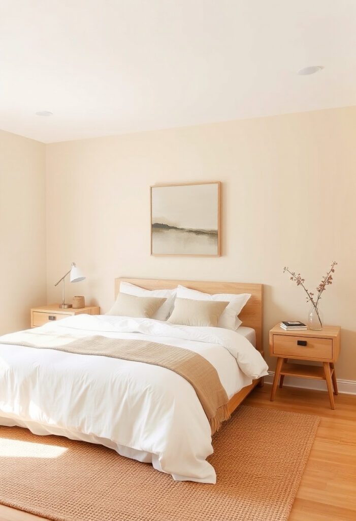 airy bedroom with walls painted in a warm beige tone