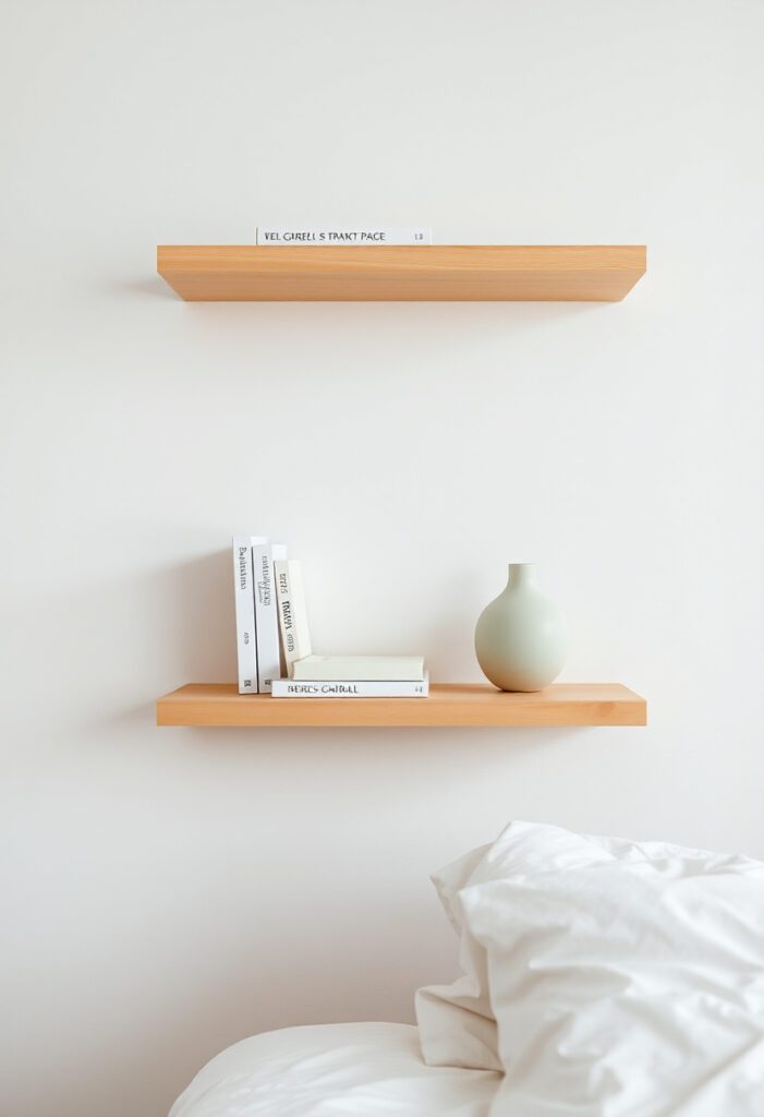 A close-up of a clean white wall with two staggered floating shelves made from light natural wood.