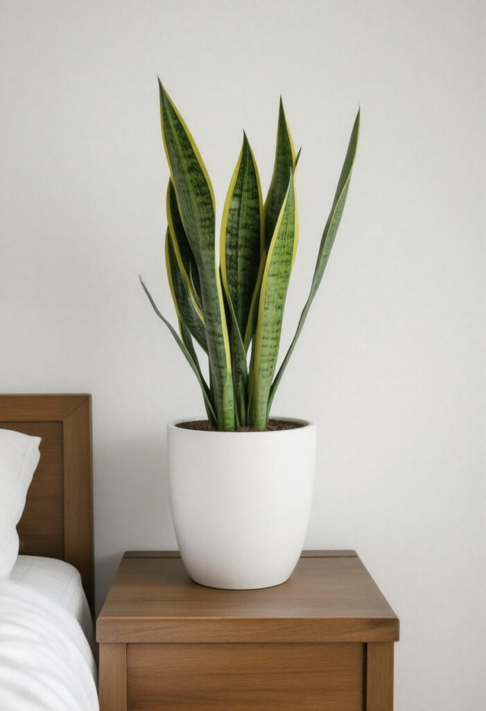 A bright bedroom corner featuring a medium-sized snake plant in a simple white ceramic pot placed on a wooden bedside table.