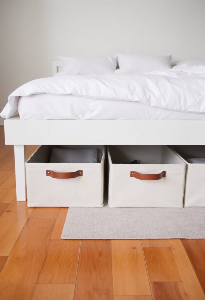 A minimalist bedroom shot focusing on the under-bed area, showing sleek fabric storage bins with leather handles tucked neatly beneath a simple platform bed with white bedding. The floor is warm-toned wood, and a soft neutral rug extends partially under the bed. The visible part of the room is neat and airy, emphasizing practical hidden storage.