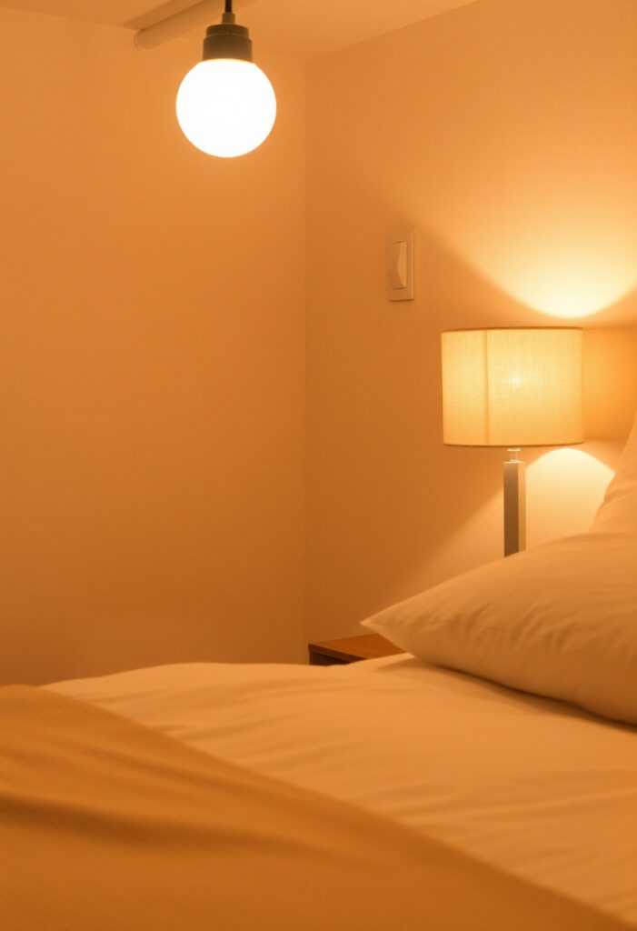 A bedroom softly lit in the evening with warm ambient lighting.