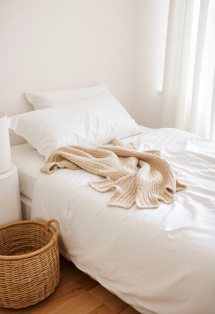 serene bedroom corner featuring a neatly made bed layered with smooth white cotton sheets
