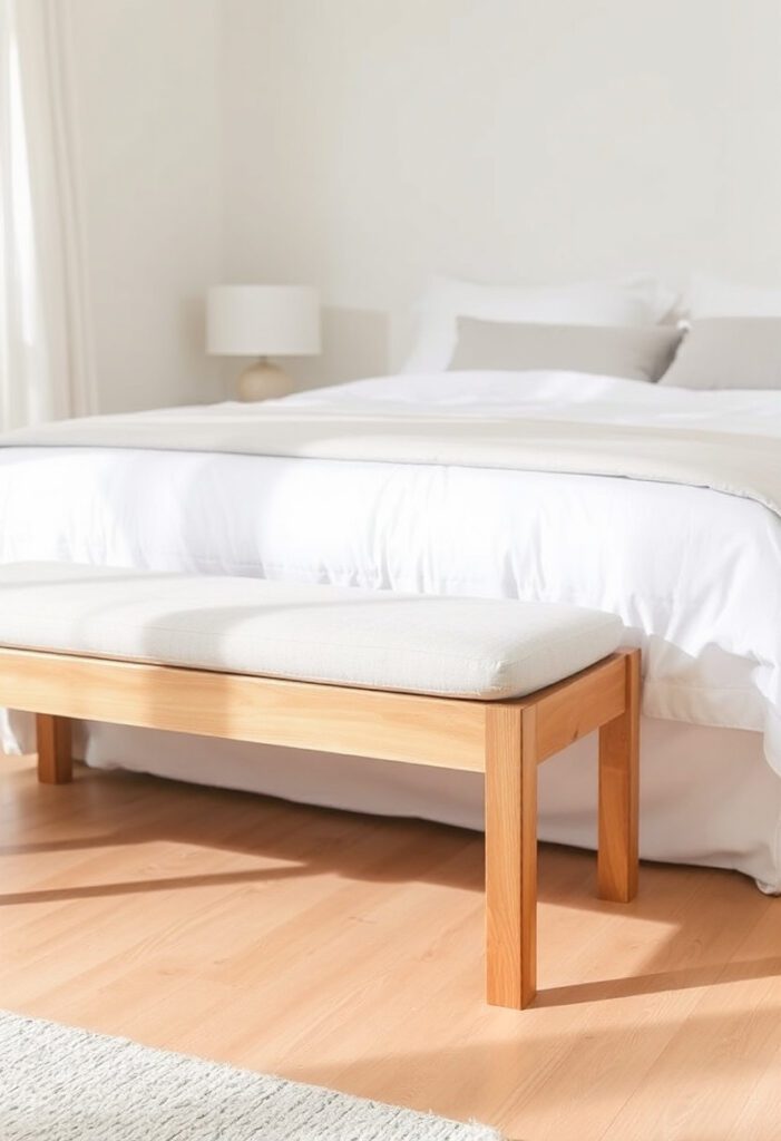 A simple wooden bench with a cushioned beige linen seat placed at the foot of a bed with white and light gray bedding.