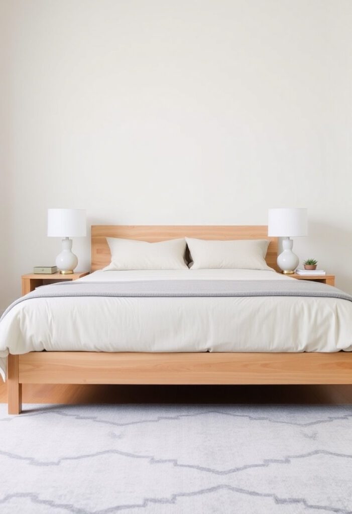 A bedroom scene with a centered bed flanked by two identical light wood nightstands.
