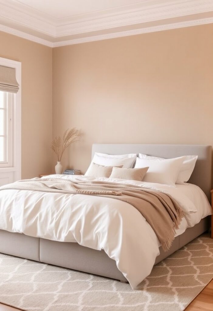 Warm neutral bedroom with beige walls and soft bedding, perfect for cozy bedroom ideas with a modern and clean feel.