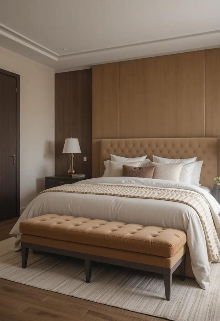  Cozy neutral bedroom with a stylish bench at the foot of the bed, adding function and softness to the layout.