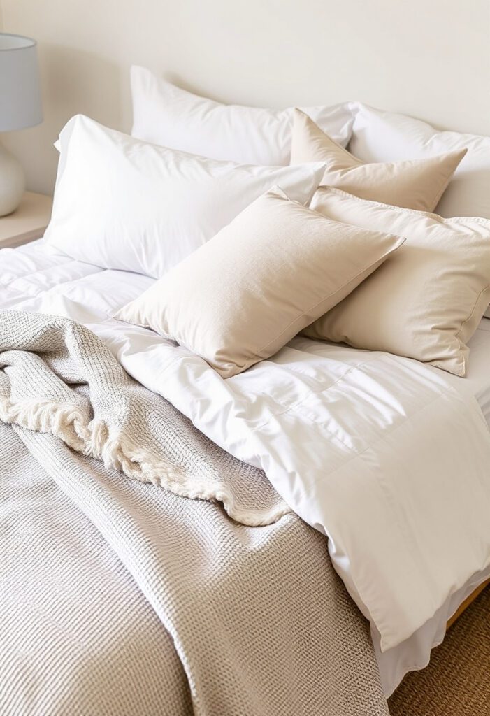  Layered bedding in a cozy modern bedroom with soft textures and neutral colors for added warmth and comfort.