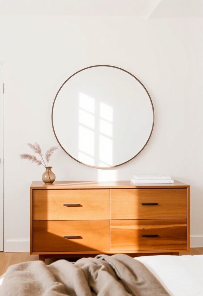  Bright and cozy bedroom with a large round mirror that enhances natural light and modern decor.