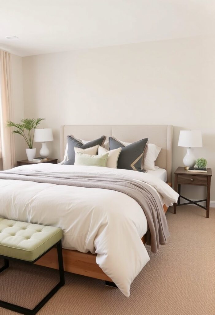  Cozy bedroom with a cohesive neutral color scheme for a modern, clean, and stylish atmosphere.
