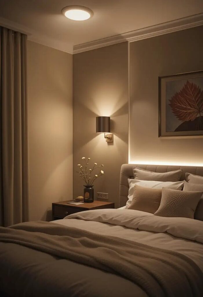 Modern cozy bedroom with dimmable lights and layered lighting for a calm, customizable bedroom atmosphere.