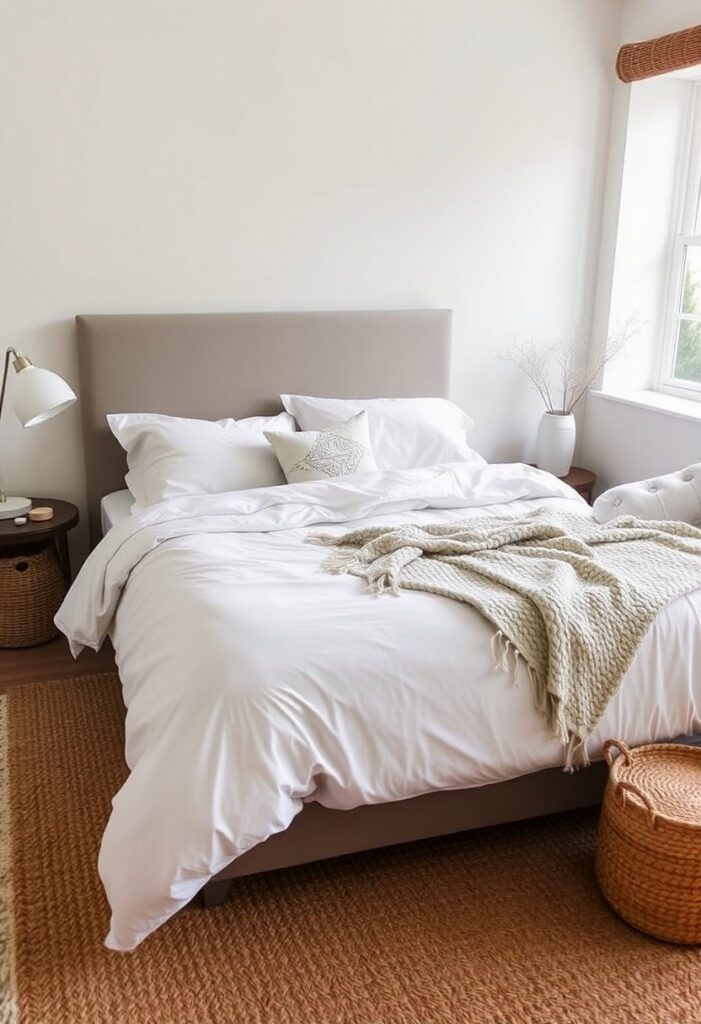 Cozy bedroom with layered textures including linen bedding, knit throw, and jute rug for a warm and inviting neutral bedroom design.