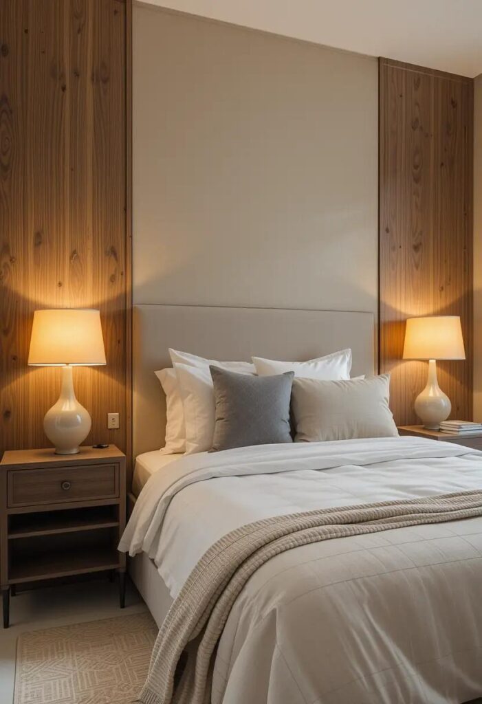  Cozy bedroom with warm table lamps and neutral decor for soft, layered lighting that adds comfort and calm.