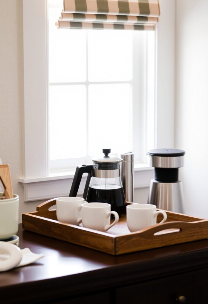 Inviting coffee station with mugs, wooden tray, and labeled jars that add cozy functionality to the kitchen.