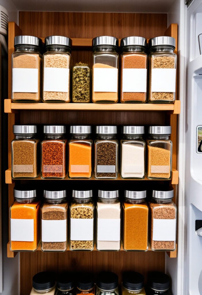 Spice wall with labeled glass jars adds practical beauty and organization to a cozy kitchen.
