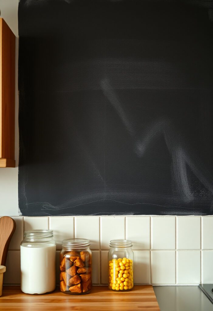  Chalkboard menu wall and labeled jars bring fun, changeable decor to a cozy kitchen.