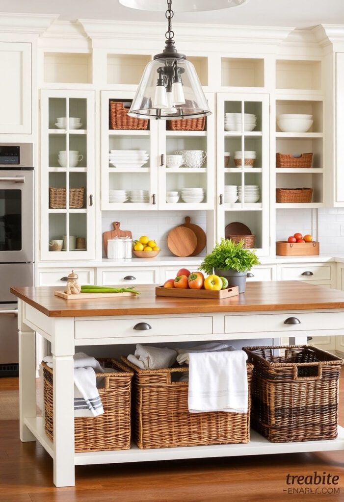Woven baskets provide cozy kitchen storage while adding natural texture to open spaces.