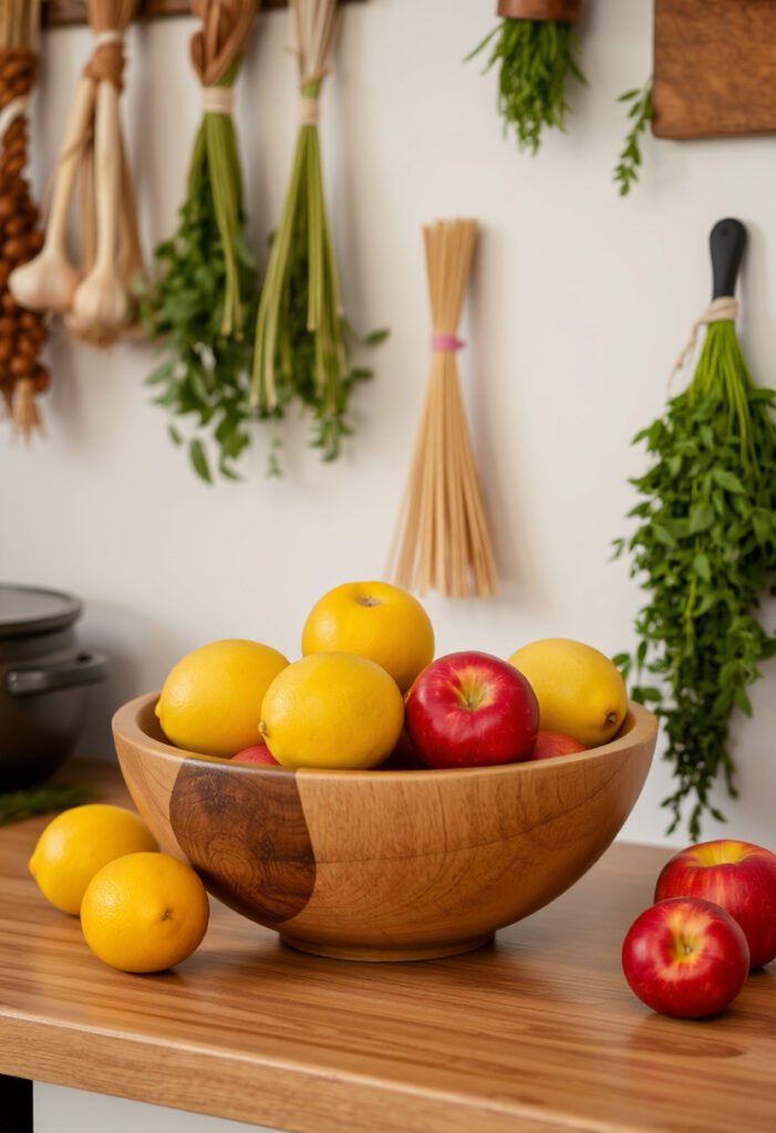 Seasonal produce in bowls and hanging herbs bring natural warmth and coziness to the kitchen.