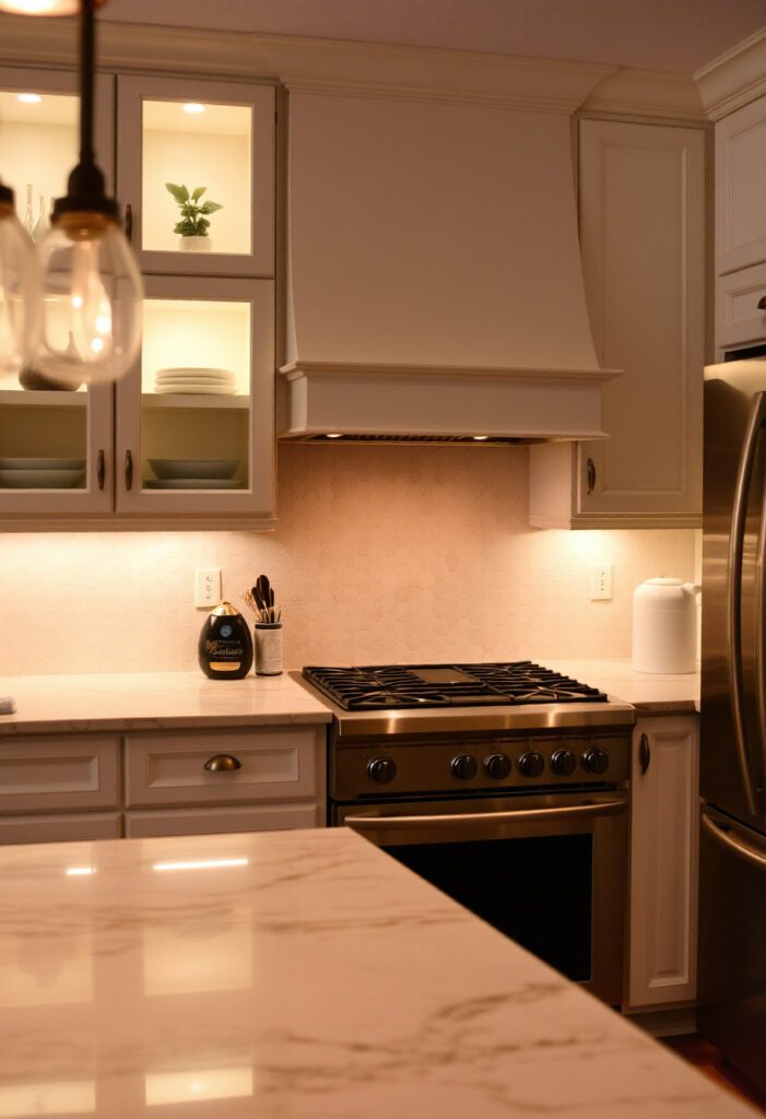  Under-cabinet LED lighting enhances warmth and visibility in a cozy kitchen setting.