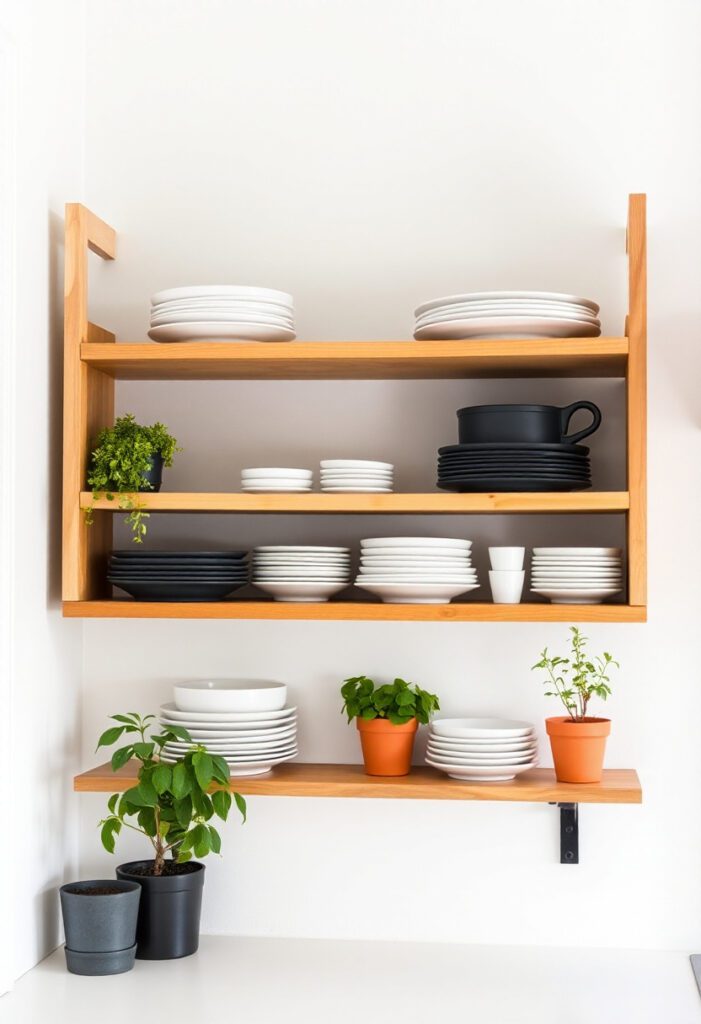 Open shelves displaying dishes, herbs, and vintage glassware add cozy character to a bright kitchen.