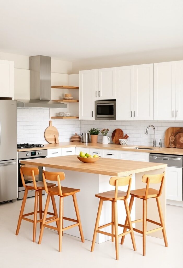 White kitchen accented with wood elements like stools, bowls, and cutting boards for cozy texture.