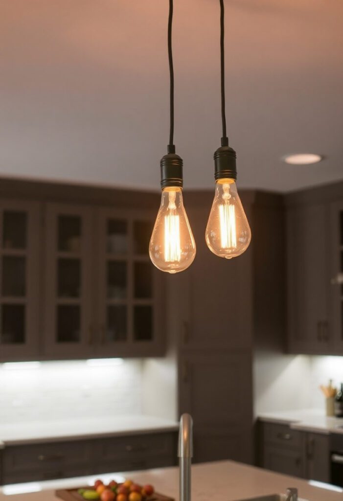  Cozy kitchen with warm Edison bulb lighting and under-cabinet LEDs for soft, ambient light.