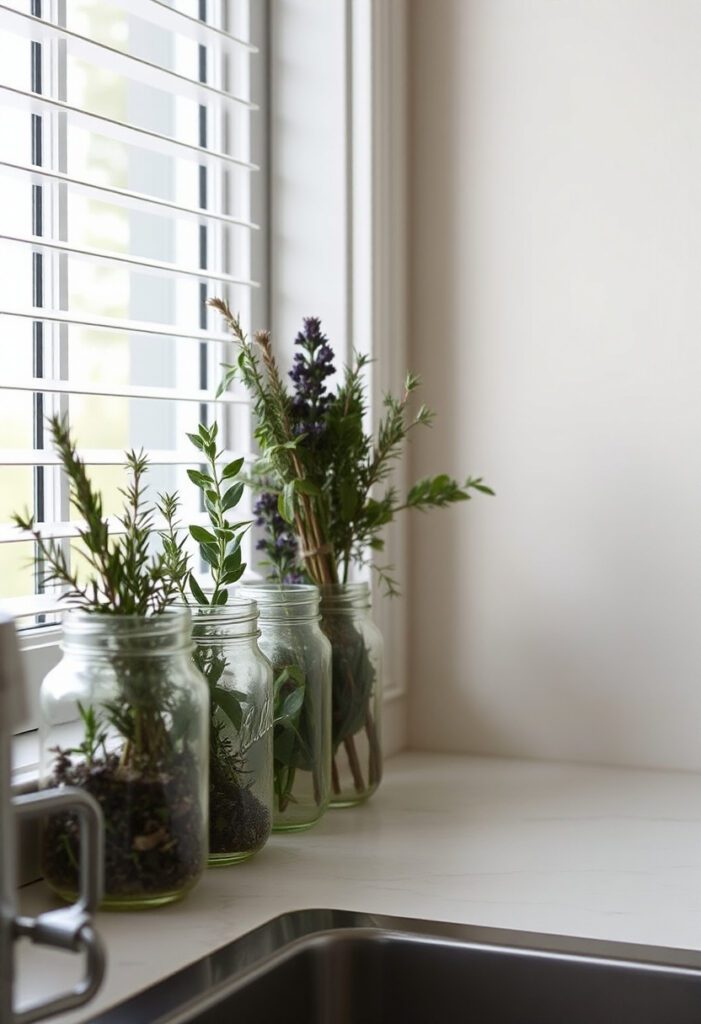 Mason jars filled with fresh herbs on a windowsill