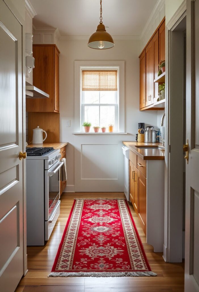  Vintage rug adds warmth and comfort underfoot in a cozy galley kitchen.