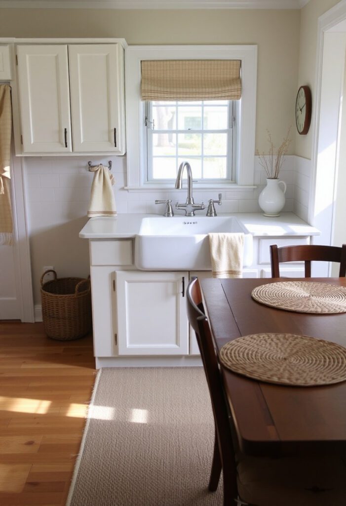 Warm kitchen with a neutral runner rug, linen tea towels, and woven placemats creating a cozy, textured look.