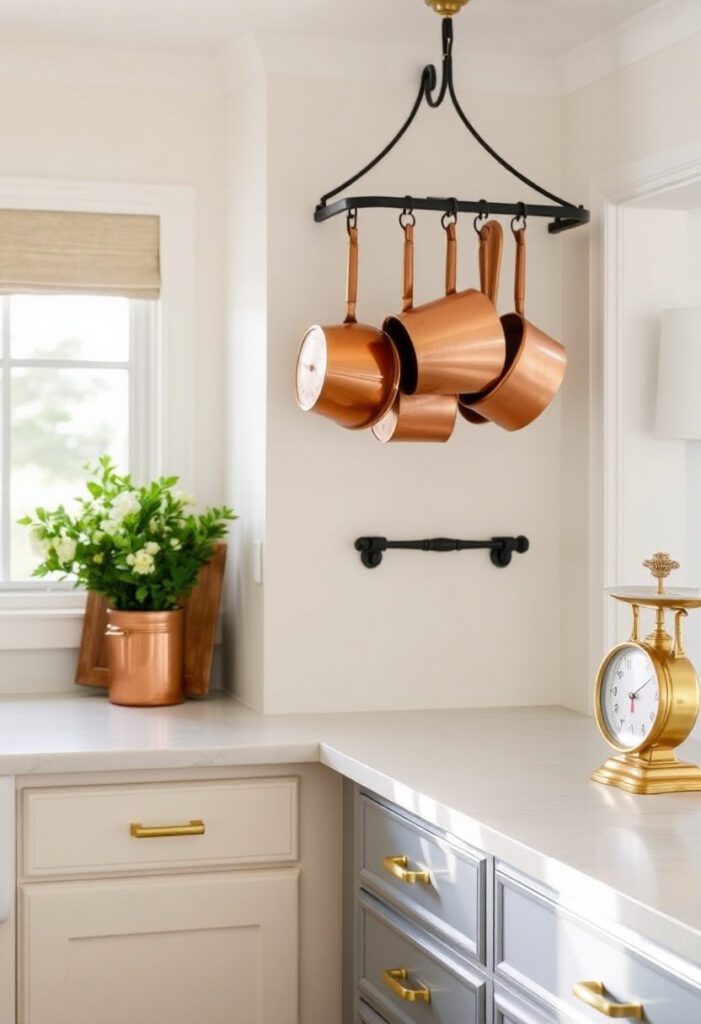 Copper and brass accents in a cozy kitchen space.